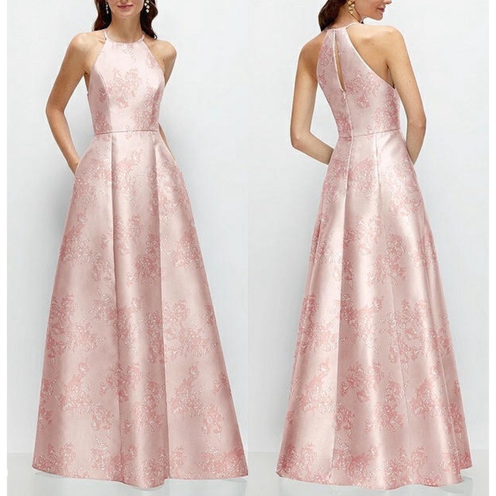 Dessy Jewel Neck Halter Full A-Line Satin Floral Maxi Dress